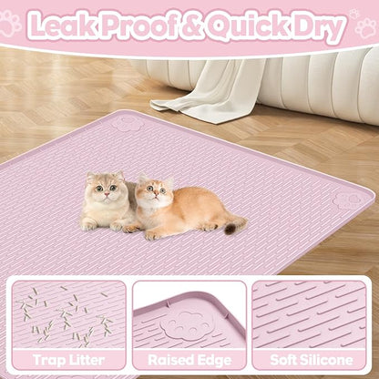 Cat Litter Mat, Extra Large 34" x 22" Silicone Mat Litter Trapping Mat for Scatter Control, Soft on Kitty Paws, Easy to Clean (Pink)