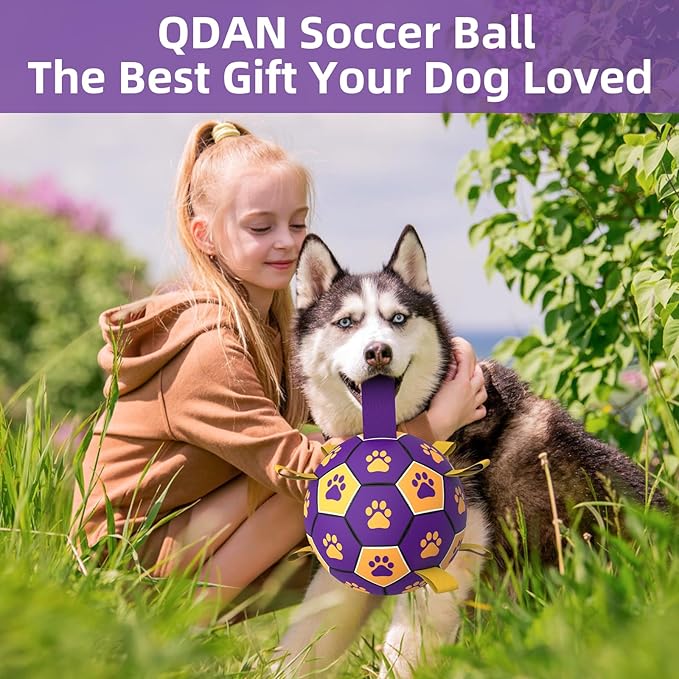 QDAN Extra Large Dog Toys Soccer Ball - Durable Dog Balls for Extra Large Dogs with Straps, Interactive Dog Tug Toy with Strap for Tug of War (9 Inch)