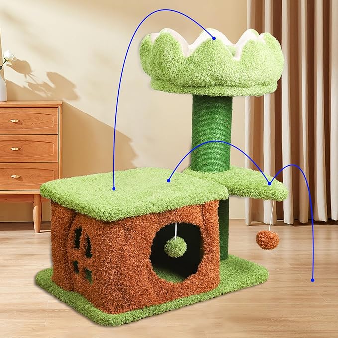 Zamaya Cat Tree for Indoor Cats, 25.9” Tall Cat Tower with Scratching Post, Condo & Window Perch, Stable Design for Adult Cats, Green