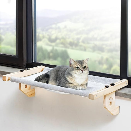 Cat Cuddles Adjustable Wooden Cat Window Perch - Sill-Mounted Cat Hammock Bed & Sturdy Window Seat for Large & Indoor Cats - Tool-Free Install, Washable Cushion
