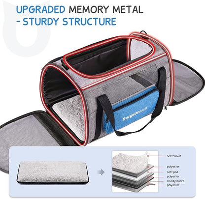 BurgeonNest Cat Carrier for Large Cats 20 lbs,Medium Pet Under 25 lbs,2 Puppy and Small Dogs with Unique Side Bag,Top Load Pet Carrier Soft-Sided Escape Proof with 4 Ventilated Windows