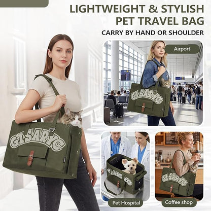 Dog Purse Carrier for Small Dogs, Cats and Puppies – Soft-Sided Foldable Pet Travel Bag with Multi Pockets, 3-Sided Mesh & Rollable Cover for Nervous Cats, Fits Pets up to 15 lbs (Olive Green)