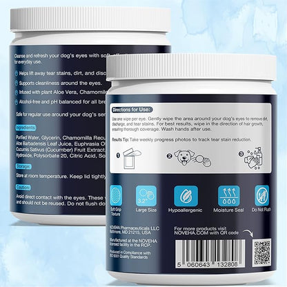 NOVEHA 150PCs Cat & Dog Eye Wipes Tear Stain Remover for Discharge and Crust | White Pet Face Wipes | Easy Daily Pets Gentle Eye Cleaner for Whitening & Cleansing Without Irritation | Round Wipes