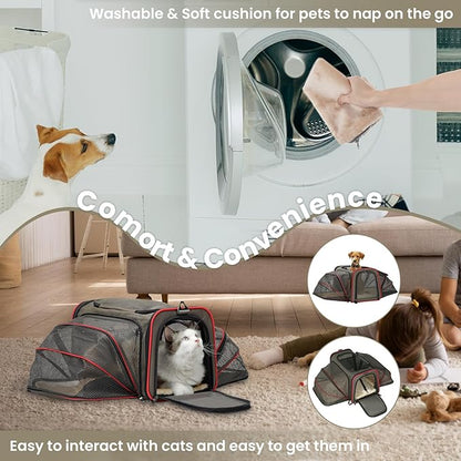 Petsfit 2 Side Expandable Pet Carrier Dog Carrier Cat Carrier for 2 Cats, 19" Lx 12" Wx 12" H, with Soft Cushion, Built-in Safety Rope, Pockets, Fit for Car Travel