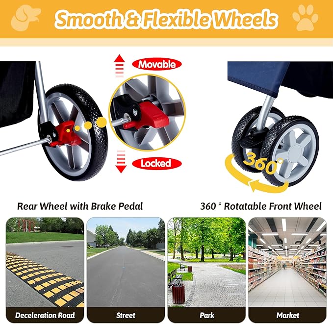 Pet Stroller, 4 Wheels Pet Strolling Cart for Medium/Small Dogs and Cats, Foldable Cat Jogger/Dog Stroller with Cup Holder, Storage Basket, Breathable Mesh, All-Season Pet Carrier, Navy Blue