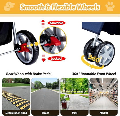 Pet Stroller, 4 Wheels Pet Strolling Cart for Medium/Small Dogs and Cats, Foldable Cat Jogger/Dog Stroller with Cup Holder, Storage Basket, Breathable Mesh, All-Season Pet Carrier, Navy Blue