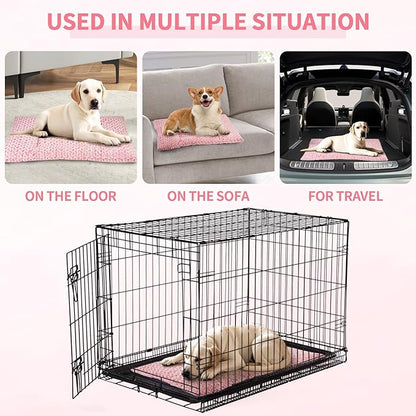 Washable Dog Bed Mat Deluxe Plush Reversible Pet Crate Pad Comfy Pet Kennel Beds Dog Sleeping Mat for Large Jumbo Medium Small Dogs, 35'' x 22'', Pink