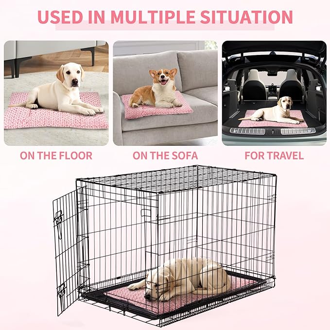 Washable Dog Bed Mat Deluxe Plush Reversible Pet Crate Pad Comfy Pet Kennel Beds Dog Sleeping Mat for Large Jumbo Medium Small Dogs, 29'' x 18'', Pink