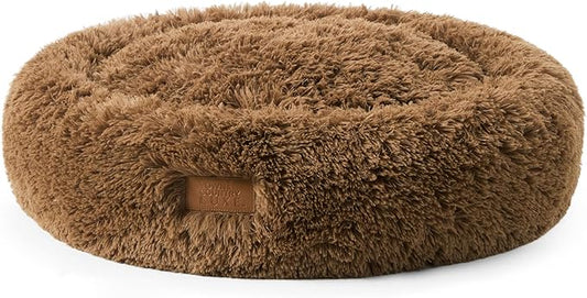 Town & Country Luxe CuddleTown Fuzzy Solid Donut Pet Bed, Soft, Cozy & Calming, Non-Slip Bottom, 100% Machine Washable, Brown, Small 24"x24"x7" Round