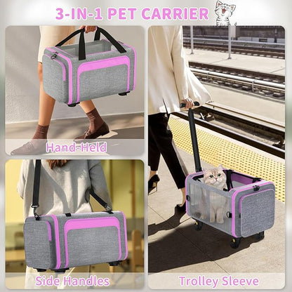 3-in-1 Pet Carrier with Wheels, 18" x 11" x 11" TSA Airline Approved, Cat Carrier on Wheels for Small Cats Up to 15Lbs, Rolling Pet Carrier, Cat Soft-Sided Bag for Flying, Travel & Vet(Not for Dogs)