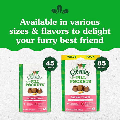 Greenies Feline Pill Pockets for Cats Natural Soft Cat Treats, Salmon Flavor, 3 oz. Pouch (85 Treats)