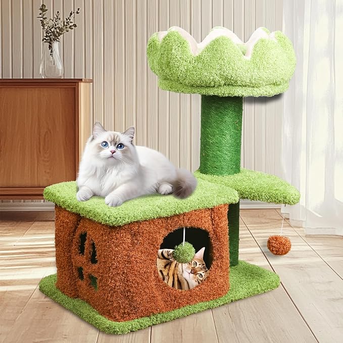 Zamaya Cat Tree for Indoor Cats, 25.9” Tall Cat Tower with Scratching Post, Condo & Window Perch, Stable Design for Adult Cats, Green