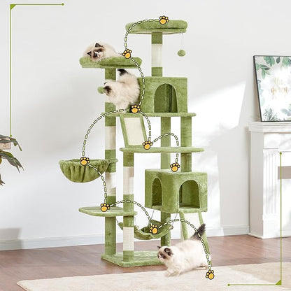 Cat Tree for Indoor Cats, 71'' (180cm) Multi-Level Cat Tower for Large Adult, Sturdy Cat Tree House with 2 Scratching Boards 7 Posts, 2 Plush Perches/Condos, Hammock, Green GCT032GR