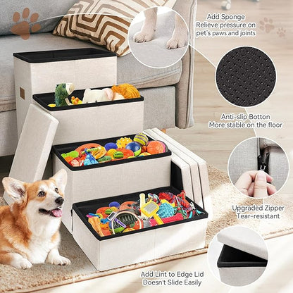 Dog Stairs with Condo 23" H, 4-Step Wider Folding Storage Pet Stairs Gift for Small/Medium/Large Old Dogs Cats, Dog Steps for High Beds Window, Ramp for Climbing Car Up to 200 lbs, Beige