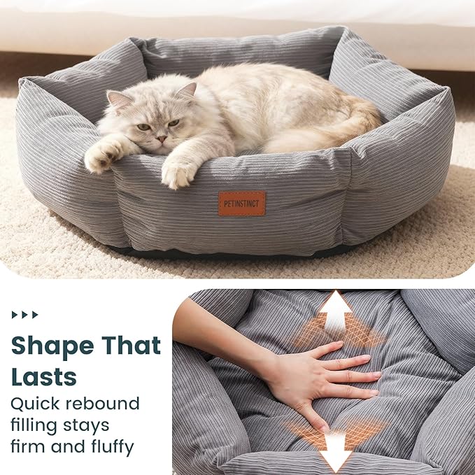 Petinstinct Cat Bed, 22 Inch Washable Corduroy Cat and Small Dog Bed with Removable Cover & Anti-Slip Bottom, Calming Comfort Pet Bed for Pets up to 15 lbs (Gray)
