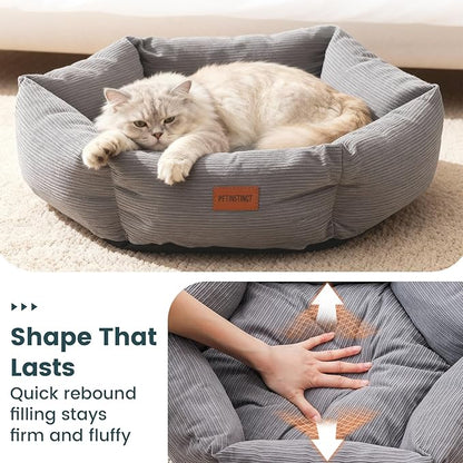 Petinstinct Cat Bed, 22 Inch Washable Corduroy Cat and Small Dog Bed with Removable Cover & Anti-Slip Bottom, Calming Comfort Pet Bed for Pets up to 15 lbs (Gray)