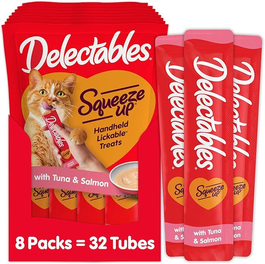 Hartz Delectables Squeeze Up Interactive Lickable Wet Cat Treats for Adult & Senior Cats, Tuna & Salmon, 4 Count(Pack of 8)