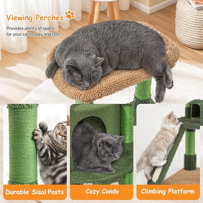 Athena Collection Small Cat Tree Tower with Scratching Post, 42 Inch Modern Cute Cat Tree Condo with Cozy Perch Basket Hanging Ball Climbing Ramp for Kittens Indoor Climbing, Green