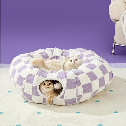 Lesure Cat Tunnel Bed for Indoor Cats - Cute Cat Donut Tunnel Toys for Small Large Cats with Washable Circle Cushion, Round Pet Peekaboo Cave Toy for Kitten/Puppy/Rabbit, Standard Lavender Checks