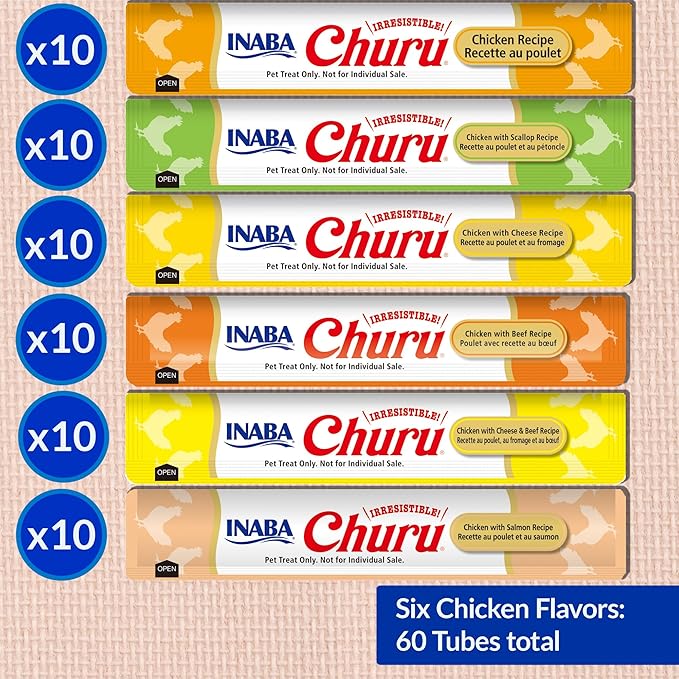 INABA Churu Cat Treats, Grain-Free, Lickable, Squeezable Creamy Purée Cat Treat/Topper, 60 Servings, Chicken Variety Box