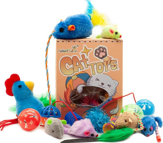 Fashion's Talk Cat Toys, Kitty Variety Pack for Kitten Cats, 20 Count Plush, Teaser & Ball Catnip Mice Cat Spring