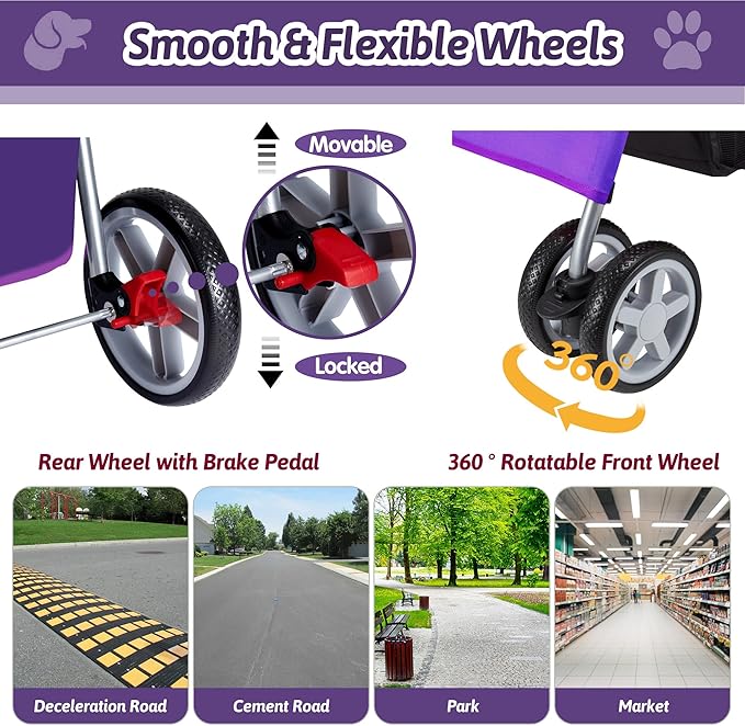 Azaeahom Pet Stroller, 4 Wheels Pet Strolling Cart for Medium/Small Dogs and Cats, Foldable Cat Jogger/Dog Stroller with Cup Holder, Storage Basket, Breathable Mesh, All-Season Pet Carrier, Purple