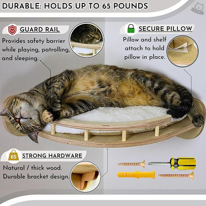 Large Cat Wall Shelves w/Pillow + 3 Steps for Large Size Cats, Orthopedic Design with Premium Hardwood, Modern and Durable Shelves for Climbing, Cat Shelf Wall Steps Tree Perch