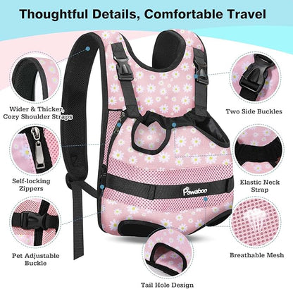 Pawaboo Pet Dog Front Carrier Backpacks, Legs Out Pet Carrier Backpack, Adjustable Easy-fit Dog Chest Carriers for Small Medium Dogs Hands Free for Travel Hiking Cycling Camping, S, Pink Daisy