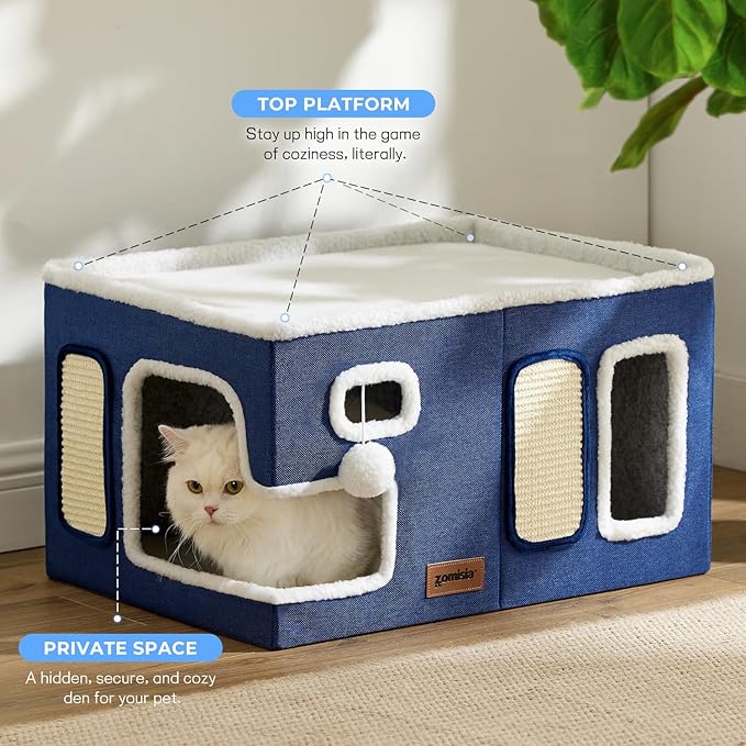 ZOMISIA Extra-Wide Cat House for Indoor Cats - Large Cat House for Pet with Fluffy Ball Hanging and Scratch Pad, Foldable Cat Hideaway for Multi Cats, 23x16.5x13 inches, Navy