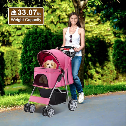 Azaeahom Pet Stroller, 4 Wheels Pet Strolling Cart for Medium/Small Dogs and Cats, Foldable Cat Jogger/Dog Stroller with Cup Holder, Storage Basket, Breathable Mesh, All-Season Pet Carrier, Pink