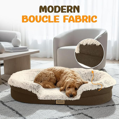 Fluffy Orthopedic Dog Bed for Medium & Large Dogs, Calming Plush Sofa Bed with Curved Bolster Support and Egg-Crate Foam Base, 43" Cozy Oval Pet Donut Bed with Washable Cover, Coffee