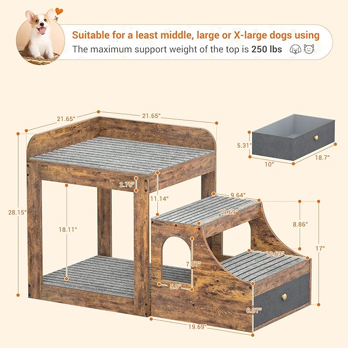Cyclysio Super Large Multi-Level Pet Bunk Bed with Stairs, Rustic Platform Seat for Cats, Home Indoor Use, Large Size, Includes Mats and Drawers