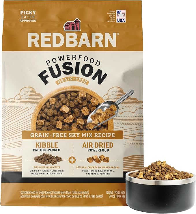 Redbarn Powerfood Fusion Air Dried Kibble Blend – Grain Free Sky Chicken Recipe – Made in USA Dry Dog Food for All Lifestages with Superfoods, Prebiotics, Postbiotics - 20lb Bag