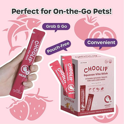 Choolip Squeeze Vita Stick Lickable Cat Treats & Dog Puree – 49-Count Heart Support Tubes, Creamy Grain-Free High-Protein Puree with Omega 3, Taurine, L-Carnitine & CoQ10 for Healthy Heart & Energy