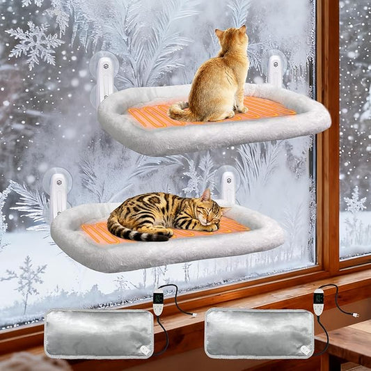 L&W BROS. 2PC Cat Heated Window Perches with Adjustable Thermostat & Timer – Dual Hammocks with Strong Suction Cups, Easy-to-Clean Warm Beds for Multi-Cat Homes, Holds Up to 50lbs Each (M 2PC)