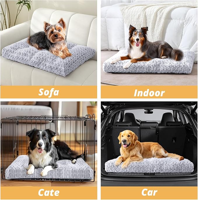 JOLLYVOGUE Washable Dog Bed for Crate, Deluxe Rose Plush Dog Crate Beds for Small Medium Large Size Dogs, Anti-Slip Soft Comfy Pet Kennel Pad, Fits Kennel Cage and Cat Bed Mat, 17" X 12", Gray