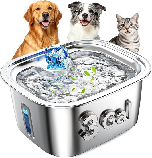 Dog Water Fountain for Large Dogs Stainless Steel, 3Gal Extra Large Dog Water Bowl Dispenser with 2 Filters & Visual Window, Automatic Filtered Pet Fountain Indoor, Quiet Safe Pump with LED Indicator