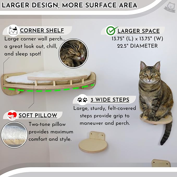 Large Cat Wall Shelves w/Pillow + 3 Steps for Large Size Cats, Orthopedic Design with Premium Hardwood, Modern and Durable Shelves for Climbing, Cat Shelf Wall Steps Tree Perch