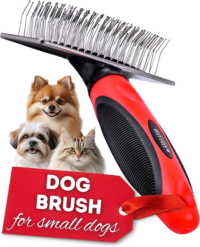 Mini Brush for Dogs and Cats - Coated Tips Massage Skin - Long Pins Remove Mats, Tangles in Long and Poodle Fur