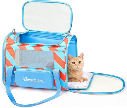 BurgeonNest Cat Carrier, Dog Cat Carriers for Large Medium Cats Under 20 lbs, Soft Sided Pet Carrier, Collapsible Travel Carry Puppy Kitten Cat Carrier with Big Side Bag (Medium, Blue-Orange)
