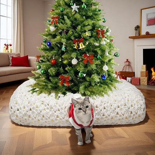 Christmas Cat Tunnel Bed with Warm Mat, Large Square Kitty Toy & Tree Skirt for Xmas Decor White