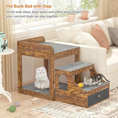 Cyclysio Super Large Multi-Level Pet Bunk Bed with Stairs, Rustic Platform Seat for Cats, Home Indoor Use, Large Size, Includes Mats and Drawers