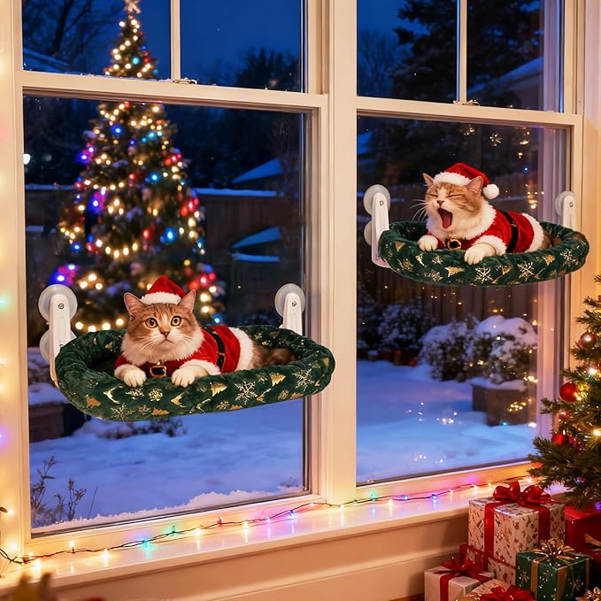 L&W BROS. 2-Pack Foldable Cat Window Perches with Christmas Cushion Bed – Easy to Assemble Cats Hammock for Window, Warm Indoor Cat Beds for Large Cats, Edition(M 2Pc)