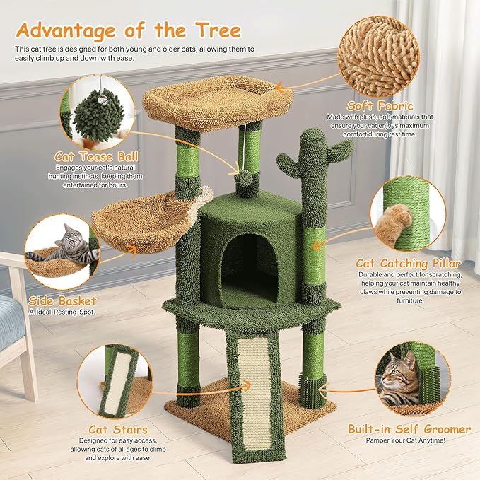 Athena Collection Small Cat Tree Tower with Scratching Post, 42 Inch Modern Cute Cat Tree Condo with Cozy Perch Basket Hanging Ball Climbing Ramp for Kittens Indoor Climbing, Green