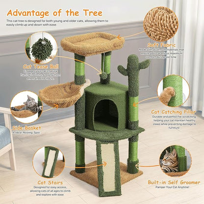 Athena Collection Small Cat Tree Tower with Scratching Post, 42 Inch Modern Cute Cat Tree Condo with Cozy Perch Basket Hanging Ball Climbing Ramp for Kittens Indoor Climbing, Green