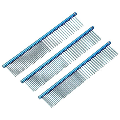 Dog Cat Comb, Pet Combs Stainless Steel Teeth with Rounded Ends for Knots Mats Loose Hair Removal, 6.5IN (Blue Plated, 3 Pack), Grooming Tool Intended for Long Curly Hair Pet
