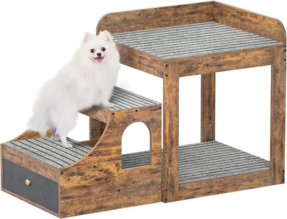 Cyclysio Super Large Multi-Level Pet Bunk Bed with Stairs, Rustic Platform Seat for Cats, Home Indoor Use, Large Size, Includes Mats and Drawers