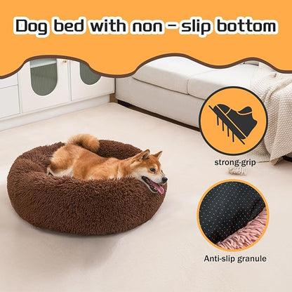 Comfort Donut Dog Bed for Small Dogs, Cat Bed & Pet Bed for Indoor Use, Medium Size with Soft Plush, Round Dog Beds for Large Dogs and Cats(Coffee, 24''Lx24''Wx8''Th)