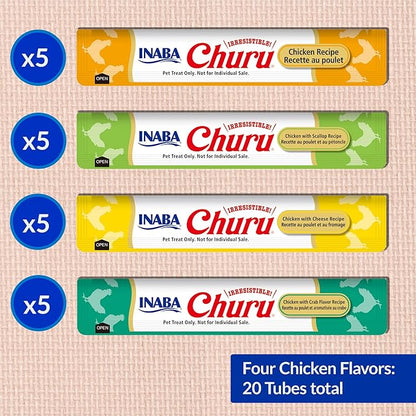 INABA Churu Cat Treats, Lickable, Squeezable Creamy Purée Cat Treat with Green Tea Extract & Taurine, 0.5 Ounces Each Tube, 20 Tubes, Chicken Variety Box