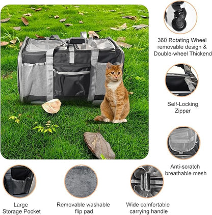 Cat Carrier for 2 Cats, Large Dog Cat Carrier with Wheels for Under 44lbs, Rolling Pet Carrier with Removable Pole Platform and Upgraded Wheels Dog Cat Travel Carrier for Hiking Camping, Black